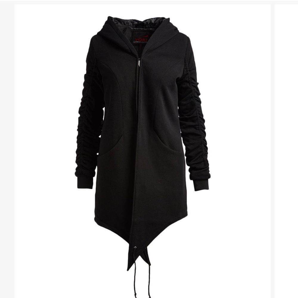 Yoki-Black Ruched-sleeve Hooded Jacket- zipper closure- black  S- 33in L-  NWT